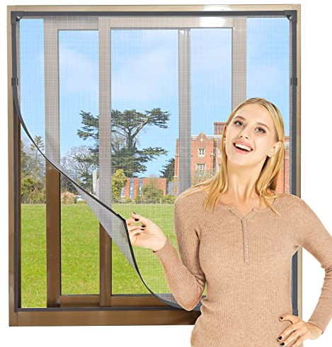 NeatiEase Adjustable DIY Magnetic Fly Screen Window Max 100x 130 cm, Full Frame Magnetic Strip Easy Installation Fits Any Size Smaller Insect Mesh Mosquito Bug Net for Windows (Grey Frame White Net)