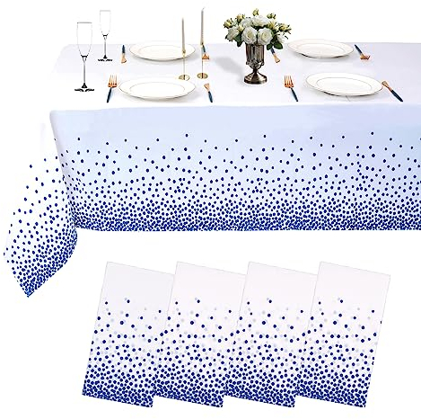 4 Stück Blaue Gepunktete Tischdecken, Einweg-Tischdecken, Kunststoff, waschbar, wasserfest, Tischdecken für Party, Geburtstag, Hochzeit, Bankett, Weihnachten usw. (137 x 276cm)