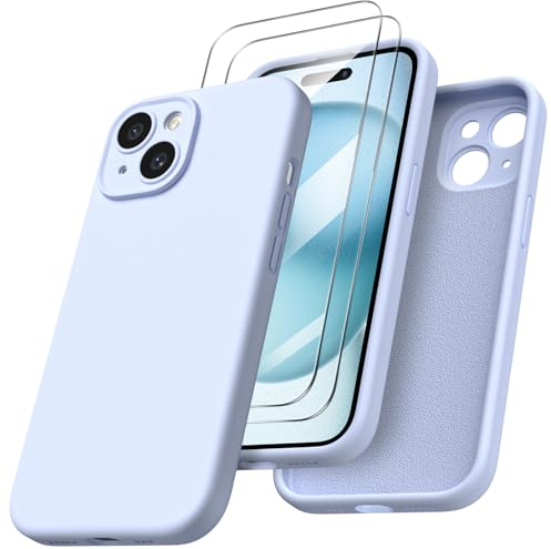 ORNARTO für iPhone 15 Hülle mit Kameraschutz und 2 Schutzfolien, flüssigem Silikon Handyhülle iPhone 15 6.1 Zoll mit Kameraschutz, stoßfeste iPhone 15 Hülle mit Mikrofaser - Baby blau