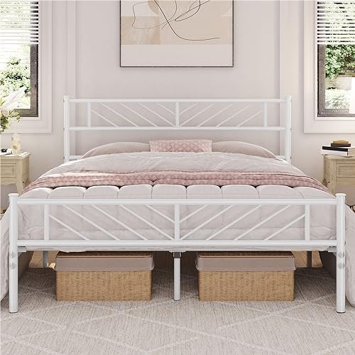 Yaheetech Cadre de lit 140x200 cm Lit en Métal pour Adultes Grande Espace en Lattes Moderne Blanc