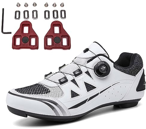 PENXZT Fahrradschuhe Herren Damen Rennradschuhe Atmungsaktive Radschuhe Kompatibel mit Peloton Schuhen Look SPD SPD-SL Delta Lock Pedal,Weiß,48 EU