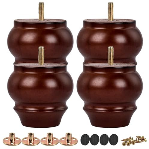 TCHOSUZ Lot de 4 pieds de meubles en bois massif tourné marron de 9 cm avec boulons de suspension M8 et écrous en T ou rehausseurs pour canapé, armoire, ottomane inclinable