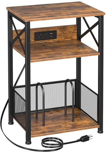 AMHANCIBLE Record Player Stand with Charging Station, Turntable Stand with Storage Cabinet, 3 Tier End Table Hold Up to 100 Albums, Record Table for Vinyl, Living Room, Rustic Brown, HETCD01BR-1