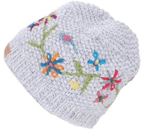 GURU SHOP Kurze Beanie Mütze, Bestickte Strickmütze, Nepalmütze, Wintermütze - Grau, Herren/Damen, Synthetisch
