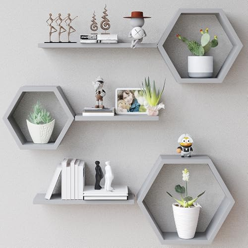 LUDORU Sechseckige schwebende Holzregale zur Wandmontage, Set mit 6 sechseckigen Kiefernregalen für Fotos, Pflanzen, rustikale Wabenregale für Wohnzimmer, Schlafzimmer, Badezimmer, Küche,