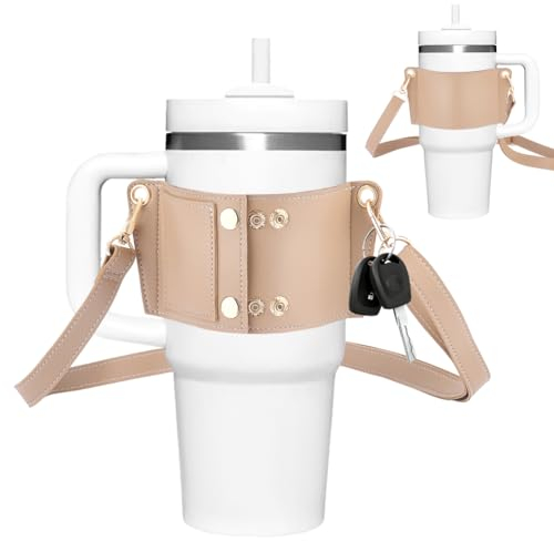 AHANDMAKER Water Bottle Holder Compatible with Stanley 40 oz & 30 oz Tumbler with Handle Leather Water Bottle Holder Leather Carrier Strap for Stanley Cup, Cup Accessories (Wheat)