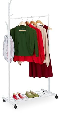 Relaxdays Garderobe mit Rollen, HxBxT: 165 x 80 x 44 cm, Metall, Ablage, mobiler Kleiderständer, Rollgarderobe, weiß