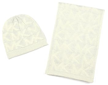 Michael Kors Damen-Beanie- und Schal-Set, stilvolle und warme Mode-Accessoires für kaltes Wetter, Cream, Einheitsgröße