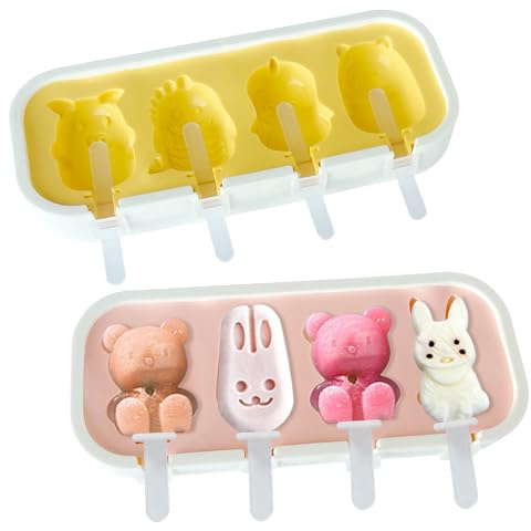 Mini Popsicles Molds for Kids Baby Cute Shapes Ice Pop Maker BPA Free Silicone Ice Cream Making Homemade DIY Set Easy Reusable 2Pack (Cartoon)