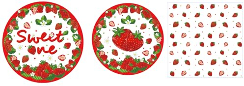 120 paquetes de suministros para fiesta de primer cumpleaños, decoración de cumpleaños Sweet One, juego de vajilla de frutas de verano, platos temáticos de fresa, servilletas de fiesta para 40