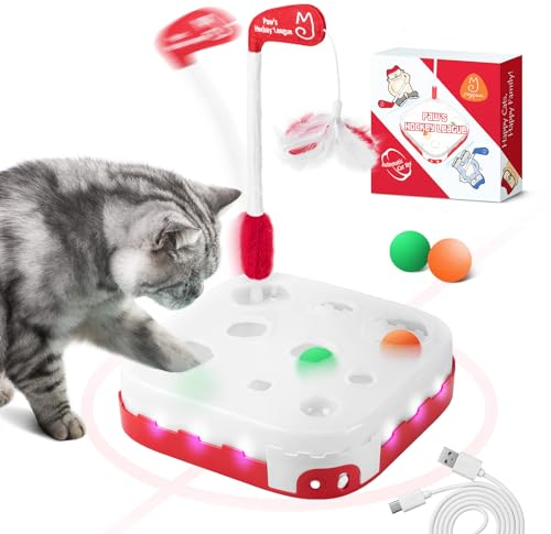 Migipaws Jouet interactif 5 en 1 pour Chat, Jeu d'intérieur activé par Le Mouvement avec Balle de Chat à rebondissement Automatique, Baguette en Plumes détachable, Rechargeable