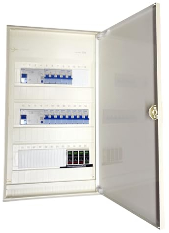 Sicherungskasten Aufputz 3-reihig Stromverteiler verdrahtet mit Anschlussklemme 5x25/16qmm, 2x FI-Schutzschalter, Sicherungen und Überspannungsableiter