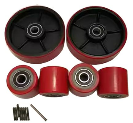 Ensemble complet de Roue pour transpalette PU 2 roues directrices 180x50mm, 4 Rouleaux de chargement avant 70x60mm avec roulements ID 20mm Valet de palette Galets Capacité de charge totale 3000kg