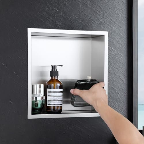 KINKIBOS Niche de Douche Murale en Acier Inoxydable - Pas de Carrelage Nécessaire, Encastrée 30 x 30 x 10 cm, Étagère de Rangement Unique, Nano-Argent