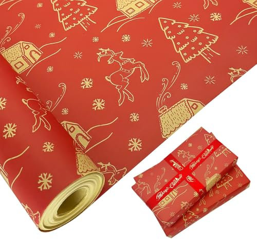 MJNEDY Rouleau de papier cadeau pour Noël : papier kraft rouge avec motif festif, recyclable 76 cm x 15 m