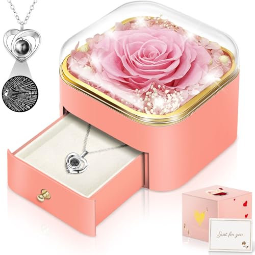 Rose Gifts for Women, Mum, Girlfriend, Wife, Eternal Flowers Preserved Real Rose with I Love You Necklace, for her on Birthday, Anniversary, Valentine's Day, Mother's Day, Christmas
