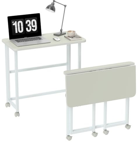 bimiti Schreibtisch Klappbar, Klappschreibtisch mit Rollen, Einfache Montage Klappbarer Platzsparender Laptoptisch, Faltbar Kleiner Computertisch Bürotisch für Zuhause & Büro, 80 x 40 cm, Weiß