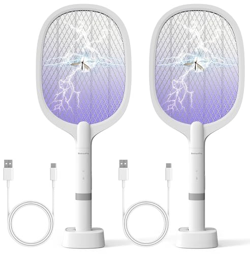 2 Pack Electric Fly Swatter Rechargeable Bug Zapper Racket, Max 4500V-White