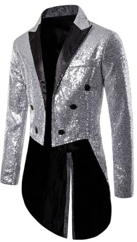 Herren-Smokingjacke mit glänzenden Pailletten, Reverskragen, Button-Down-Blazer, Smoking, Party, Club, Hochzeit, Abschlussball, Schwalbenschwanz-Anzug, Frack, Silber A, XL