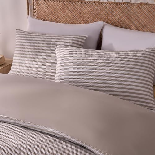 OHS Superking Bedding Embossed Stripe, Soft Warm & Comfort Fabric Neutral Subtle Waffle Stripe Design Microfibre Superking Duvet Set & 2 Pillowcase, Natural