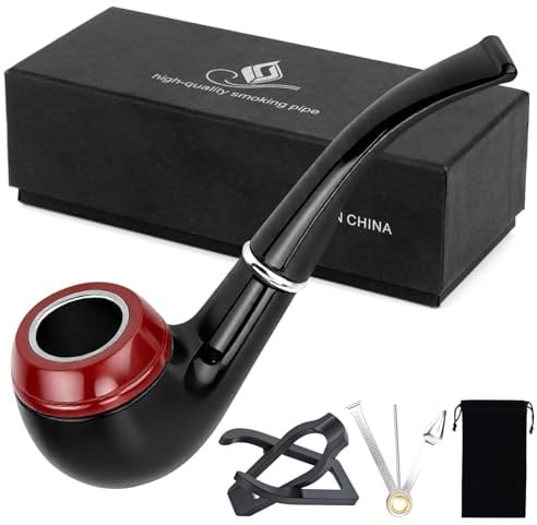 Hysagtek Smoking Pipes - Wood Tobacco Pipe Handmade Smoking Pipe Set with Foldable Pipe Stand & Gift Box Perfect for Beginner Husband Father Grandfather
