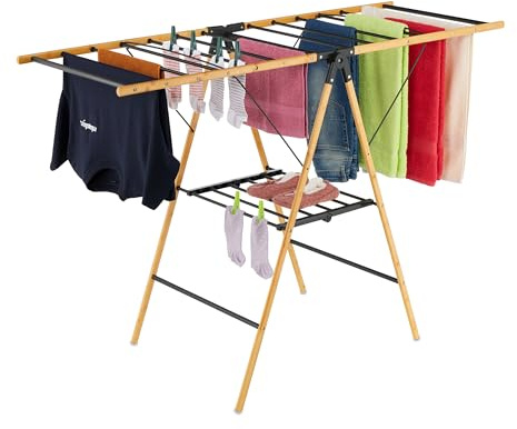 Relaxdays collapsible drying rack, 2 tiers, HWD: 100 x 148 x 56 cm, bamboo & metal, wing drying rack, natural/black