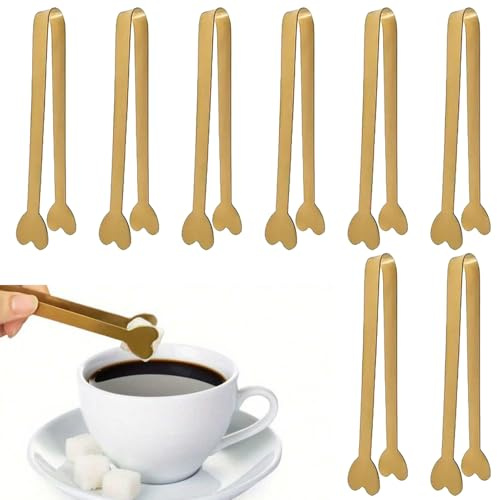 LEBKFT 8 Pcs Gold Heart-Shaped Tongs, 4.8 Inch Mini Stainless Steel Tongs Small Food Tongs for Ice Cubes Sugar Salad Desserts Metal Serving & Sweet Tong for Buffet Kitchen Utensils