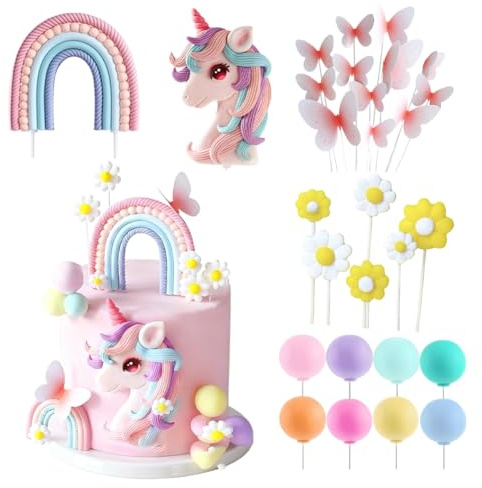 Einhorn Tortendeko Geburtstag,28 Stück Kuchendeko, Happy Birthday Tortendeko mit Regenbogen Schmetterlinge Gänseblümchen Macaron Ballons Kuchen Topper, Torte Deko für Mädchen Junge