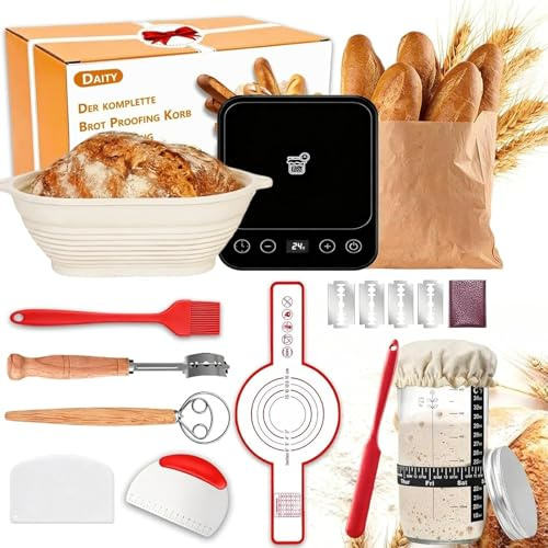 Daity Sauerteig Starter Set, 12-teilig, 28 cm Silikon-Gärkorb mit Wärmer | 12-teiliges Brotbackset mit 28 cm ovalem Silikon-Gärkorb, Sauerteig-Wärmer und Zubehör für Anfänger und Profis
