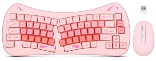 Cute Wireless Keyboard and Mouse Combo, Cat Theme, Ergonomic Split Keyboard and 3 DPI Level Optical Mouse, 65% Compact Keyboard, 2.4G USB Receiver, for Windows/Mac/PC/Laptop