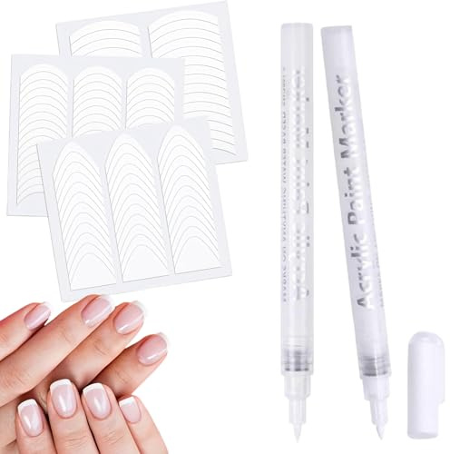 French Manicure Kit,French Tip Nail Stickers & White Nail Art Pens Set,2PCs French Manicure Tools with 3 Sheets DIY Nail Stickers for French Tips,Nail Art Kit for Home Manicure Accessories