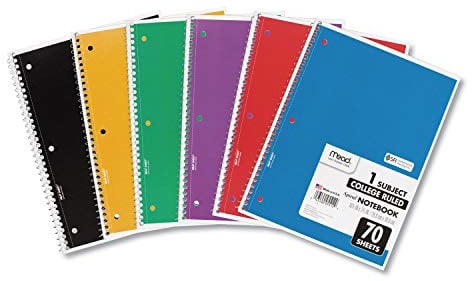 Mead Lot de 6 carnets à spirale, 1 sujet, papier ligné pour université, 26,7 x 20,3 cm, 70 feuilles par carnet, couleurs assorties (73065)
