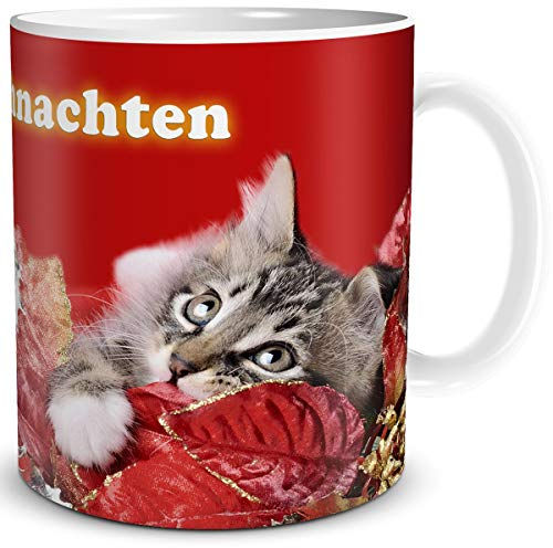 TRIOSK Tasse Katze Frohe Weihnachten mit Weihnachtsmotiv Katzen Spruch Katzenmotiv Geschenk lustig für Katzenliebhaber Frauen Freundin Rot