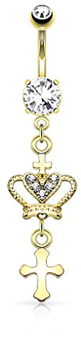 Bauchnabelpiercing 14kt vergoldet Kreuz Krone Anhänger Cross Crown Nabelpiercing Gold