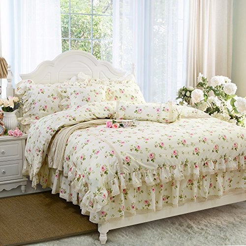 FADFAY Rosette Blumendruck Bettbezug-Set Prinzessin Spitze Rüschen Bettwäsche Set für Mädchen 3-teilig Twin Size