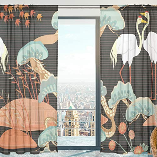 Mnsruu Rideau Voilage Japonais - Motif Oiseaux Japonais - pour Chambre à Coucher - 140 cm x 198 cm - 2 Panneaux