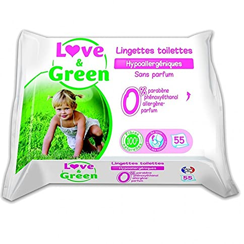 Love & Green Lingettes Toilettes Hypoallergéniques Sans Parfum x55 (lot de 4 soit 220 lingettes)