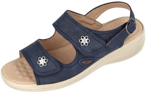 Ladies Faux Leather Peep Toe Touch Close Double Foot Straps Flower Buckle Sling Back Low Wedge Summer Sandals Size 3-8 (5 UK, Blue)