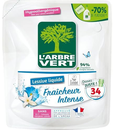 L'Arbre Vert Recharge Lessive Ecolabel Fraîcheur intense - Hypoallergénique - 34 Lavages - 94% d'ingrédients d'origine naturelle - 1,53L