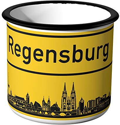 JUNIWORDS Emaille-Tasse, Ortsschild Regensburg, Schwarzer Tassenrand