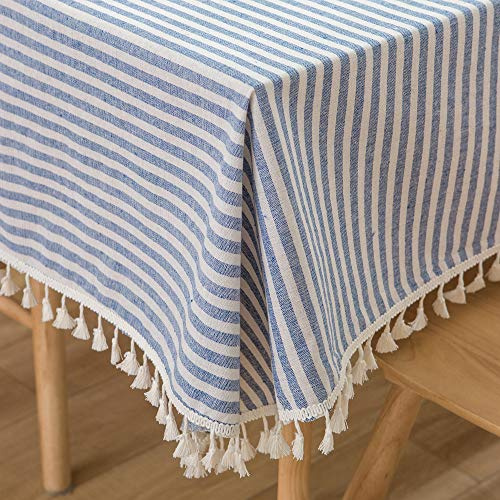 Plenmor Table Cloth Rectangle Stripe Tassels Tablecloth Rectangular Dust-Proof Cotton Table Cover for Kitchen Dinning Tabletop Decoration (140cm x 300cm, Blue)
