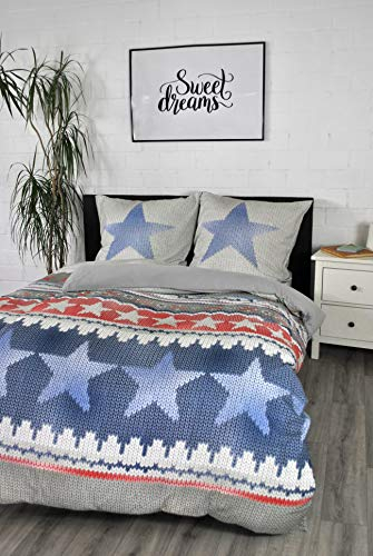 jilda-tex Bettwäsche Biber-Bettwäsche Edel-Flanell-Bettwäsche Winterbettwäsche Ökotex-100 135x200 cm + 80x80 cm 100% Baumwolle mit Reißverschluss (Blue Stars)