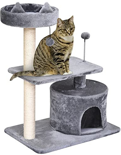 PawHut Cat Tree for Indoor Cats with Scratching Post Climbing Tower Kitty Activity Center Condo Perch Jumping Platforms Grey 61L x 41W x 81H cm