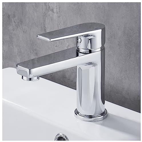 Gricol Rubinetto per Lavabo da Bagno con Maniglia Quadrata in Ottone Miscelatore a Freddo e Caldo con Monocomando Cromo Argento