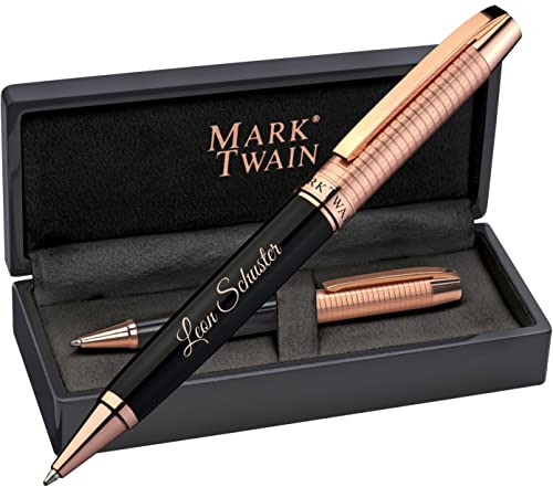MARK®TWAIN Drehkugelschreiber schwarzer Lackoptik mit Kupfer inklusive persönliche Laser Gravur Geschenkbox Blaue Mine zum Geburtstag 1303403