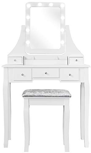 GIANTEX Schminktisch mit Hocker, 360° schwenkbarer Spiegel mit 10 dimmbaren LEDs, Make-up Tisch Kosmetiktisch mit 5 Schubladen, Frisiertisch Set Frisierkommode Holz (weiß)