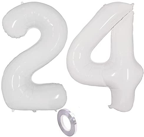 Weiß Luftballons Zahl 24. Geburtstag deko frau mann,Zahlen Ballon 24 Geburtstag deko, 40 Zoll Heliumballon 24 jahre Geburtstagsdeko frauen männer Aufblasbar Helium Folienballon 24 Weiß（24）