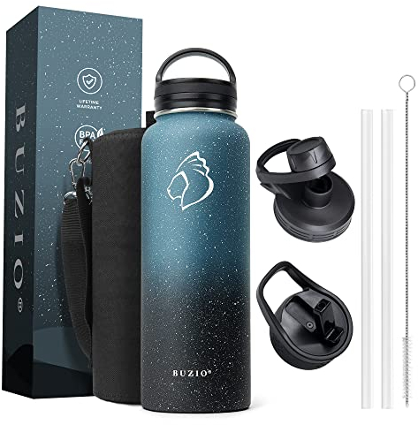 BUZIO Insulated Water Bottle 1180 ml, Stainless Steel Water Bottle with Straw Lid Wide Mouth Double Vacuum Water Bottle Keep Hot 24H & Cold 48H Sports Bottles Great for Hiking & Biking, Starry Indigo