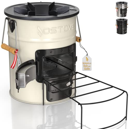 OSTOVE PRO Raketenofen - Das PRO Model mit 2 Kammern für Holz oder Kohle/Biomasse - Ideal für Camping und Kochen im Freien (IVORY)