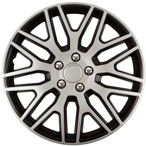 Satz von 4 14 Zoll Radkappen Design Delaware Nuts Chrom Silber, Verchromte und Schwarze Oberfläche und ABS Stark schlagfest, langlebig und zuverlässig mit verstellbarem Klemmring